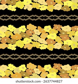 Luxurious seamless pattern with horizontal borders of hand drawn gold flowers and ornament on black background. Summer textile print in vintage style. For textile, gift paper, greeting card. Vector.