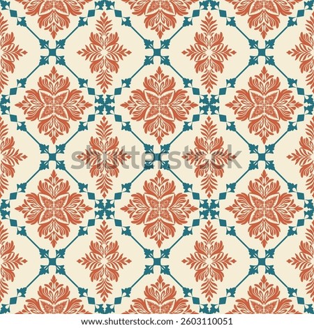 Luxurious seamless pattern with intricate baroque floral designs in reddish-orange and deep teal on cream. Perfect for textile design, wallpaper, home decor and print projects with a classic elegance.