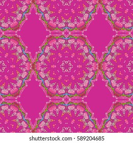 Luxurious seamless pattern of multicolored ornament with stylized snowflakes on a magenta background. Vector illustration.