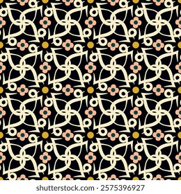 Luxurious seamless pattern sart flowers and ornate shapes. Vector illustration for celebration, party, holiday, invitation and Your project. Modern creative style. Strict decor.