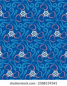 Luxurious seamless pattern with swirls and hearts. Overlapping art forms, stripes are grouped and arranged in a certain order. Vector. 