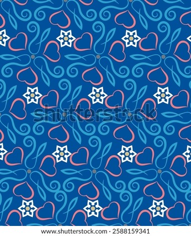 Luxurious seamless pattern with swirls and hearts. Overlapping art forms, stripes are grouped and arranged in a certain order. Vector. 