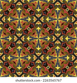 Luxurious seamless pattern in warm colors. Overlapping art forms, stripes, polygons, segments are grouped and arranged in a certain order. Vector. 