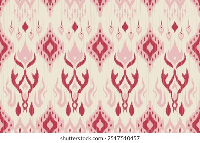 Lujoso patrón de ikat rojo y rosa sin costuras con motivos florales, geométricos y étnicos. Diseño textil tradicional para telas, decoración del hogar y Fondo de pantalla. Patrimonio cultural artístico con tonos cálidos.