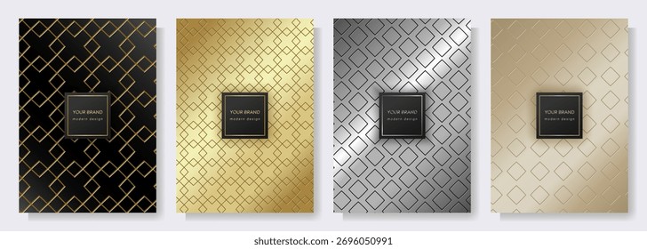 A luxurious set of 4 elegant poster templates on black, gold,silver, and beige backgrounds. Sophisticated geometric shapes are perfect for modern branding,art prints,fashion events, or interior design