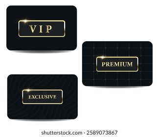  Luxurious set of black cards with gold VIP label, VIP certificates. Metal icons vector illustration