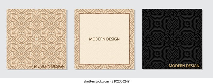 Luxurious set of vintage square embossed web banner backgrounds with geometric 3D pattern, frame for text. Ethnicity of the peoples of the East, India, Mexico, Aztec with handmade elements.