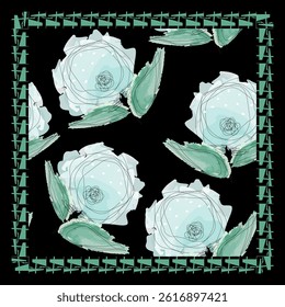 Luxurious silk scarf with large abstract watercolor transparent blue flowers on black background in vintage avant-garde frame. Floral pattern can be used as seamless print. For head cover etc. Vector.