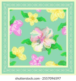 Luxurious silk scarf with watercolor flowers on turquoise background in frame with vintage oriental ornament. Floral pattern can be used as seamless print too. Artistic textile collection. Vector.