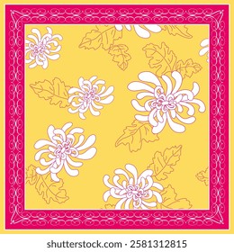 Luxurious silk scarf with white chrysanthemums on yellow background in red frame with vintage oriental ornament. Floral pattern can be used as seamless print too. Eastern textile collection. Vector.