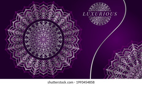 luxurious silver foil mandala art decoration with elegant purple background for web or print vector design element