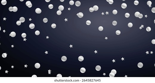 Luxurious Silver Glitter Confetti and Elegant Metallic Streamers Falling Softly Over a Rich Black Background for Premium Event Branding. Minimalist Silver Sparkle Layer Over Black for Luxury design