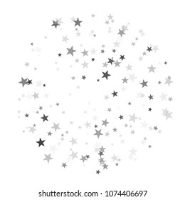 Luxurious silver glitter falling stars vector template for birthday party, wedding invitation card, flyer, voucher, holiday banner.  Silver sparkle stars confetti glitter on white.