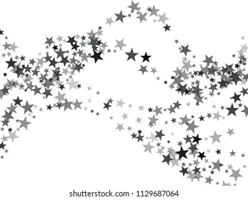 Luxurious silver glitter falling stars vector template for birthday party, wedding invitation card, flyer, voucher, holiday banner.  Silver sparkle stars party confetti glitter on white background.