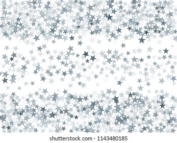 Luxurious silver glitter falling stars vector template for birthday party, wedding invitation card, flyer, voucher, holiday banner.  Silver sparkle stars grey confetti glitter on white background