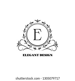 Luxurious sophisticated logic with letter E. Decorative floral pattern. Business emblem of restaurant, antiques, boutique, hotel, jewelry. Vector illustration