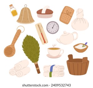 Luxurious Spa Sauna Collection Includes Aromatic Oil, Plush Towels, Wooden Ladle, Salt, And Felt Hat. Tea, Brush, Clock and Broom with Thermometer Items for Rejuvenation. Cartoon Vector Illustration