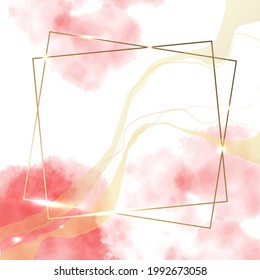 Luxurious square gold frame with flowers. Watercolor background and spots of pink paint. Geometric modern minimalist abstraction Modern art mural wallpaper. Vector illustration.