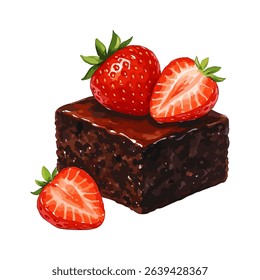A luxurious square of rich chocolate brownie, crowned with vibrant strawberries and painted in an elegant watercolor style perfect for premium dessert branding and cafe menus.