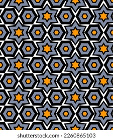 Luxurious starry seamless pattern. Stars and polygons are grouped and arranged in a certain order. Vector.