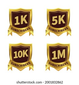Luxurious subscriber badge collection with golden ribbon. Badges for social media subscribers celebration. A golden color luxurious badge collection for subscriber celebration.