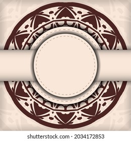 Luxurious Template for print design of postcards in Beige color with mandala patterns. Preparing an invitation with a place for your text and abstract ornament.