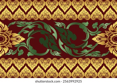 Luxurious Thai Art Design with Gold Heart-Shaped Motifs, Green Ornamental Leaves, and Floral Patterns on a Rich Maroon Background, Perfect for Traditional Decor, Textile Design, and Cultural Art Inspi