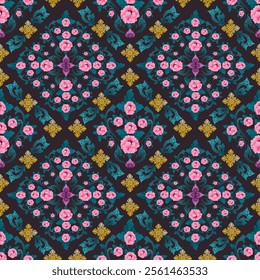 Luxurious Thai Art Design with Pink Floral Motifs, Golden Accents, and Green Leaf Patterns on a Black Background - Intricate Symmetrical Layout Ideal for Textiles, Home Decor, and Artistic Projects