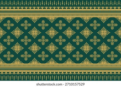Luxurious Thai floral seamless pattern with ornate gold borders on a deep green background. Ideal for textiles, sarongs, wallpaper, packaging, and cultural decorative design projects.