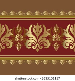 Luxurious Thai pattern with gold floral motifs on a deep red background, framed by elegant golden borders. Perfect for traditional-themed projects, invitations, and textile prints.