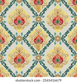 Luxurious Thai Traditional Pattern with Golden Lotus Motifs, Vibrant Red and Green Accents, and Intricate Decorative Borders - Perfect for Cultural Artwork, Textile Designs, Wallpapers, and Home Decor