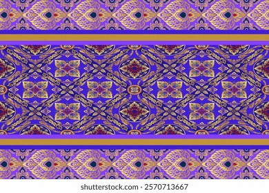 Luxurious Thai-Inspired Pattern with Bold Purple Background, Gold Details, and Intricate Floral and Geometric Motifs