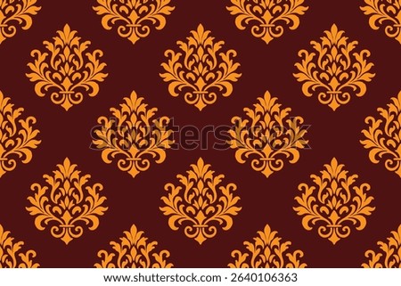Luxurious Thai-style pattern with gold ornamental motifs on a rich maroon background. Ideal for traditional design themes, textiles, wallpaper, packaging, or elegant decorative projects.