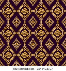 Luxurious traditional Thai pattern in golden floral style on a dark brown background. Suitable for temples, Thai-style decoration, and premium packaging.