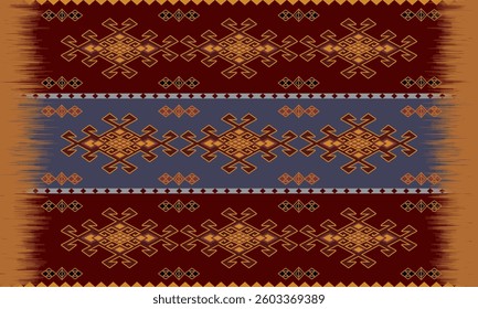Luxurious Tribal Rug with Geometric Heritage Motifs Traditional Ethnic Carpet in Deep Earthy Tones Cultural Tapestry with Gold and Indigo Symmetry Boho-Inspired Woven Rug with Ornamental Pattern