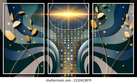 Luxurious triptych in azure beige tones with 3D effect. Wavy textured shapes with strokes, golden branches with leaves and circles of different sizes, lights, highlights and glows. Vector. 