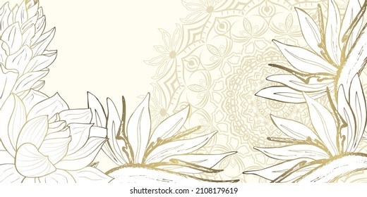  Luxurious tropical flowers, lotus and mandala. Golden tropical flowers line design for wallpaper, wall art, fabric, prints and background texture.