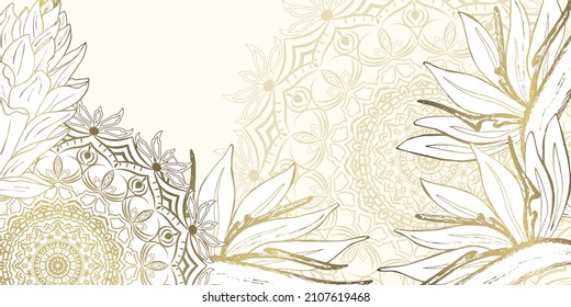  Luxurious tropical flowers and mandala. Background vector with gold metallic decor. Golden tropical flowers line design for wallpaper, wall art, fabric, prints and background texture.