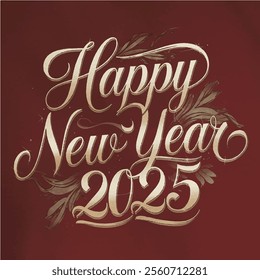 Luxurious t-shirt design featuring 'Happy New Year 2025' in delicate cursive script, gold metallic accents, and subtle floral elements on a plain red background. Perfect for festive fashion and gifts.