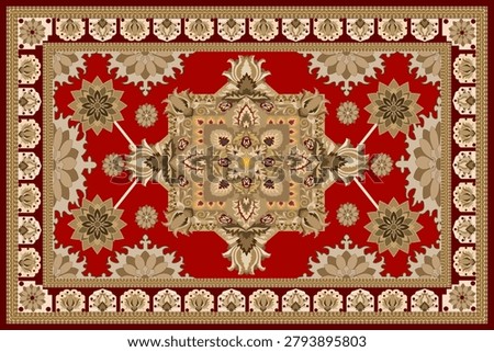 A luxurious Turkish-style carpet runner featuring a deep royal blue background 
adorned with four repeating floral medallion centerpieces in golden beige tones. 
The design showcases intricate Ottoman-inspired botanical motifs including lotus 
flowers, arabesques, and acanthus leaves, framed by ornate multi-layered borders 
with cream and gold detailing. Small ruby red accent dots add contrast throughout 
the composition. Ideal for interior design mockups, textile print production, 
home decor presentations, and decorative pattern collections.