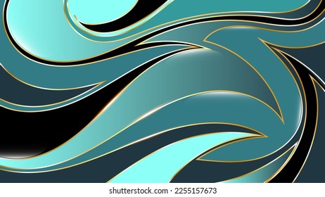 Luxurious, turquoise, with gold trim wallpaper. Shiny beautiful surface of smooth, swirling, wavy shapes with a stroke. 3D effect. Vector.
