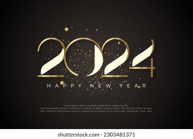 Luxurious and unique design happy new year 2024. With shiny golden numbers and golden glitters scattered. Premium vector design for greeting and celebration of happy new year 2024.