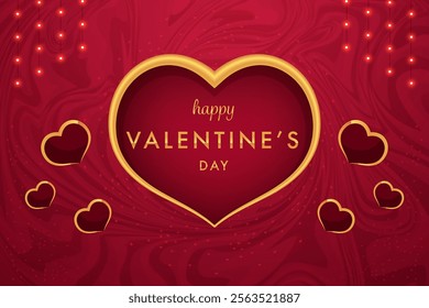 A luxurious Valentine's Day card featuring a large red heart with a gold outline. The heart is surrounded by smaller red hearts and a marble-textured red background with gold accents