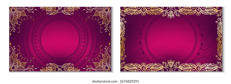 A luxurious vector background set of 2 pcs, with an ornate golden frame in a traditional Indian mehndi style. The design features a deep magenta gradient with a subtle pattern and copy space.