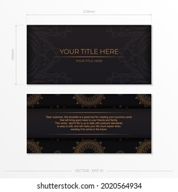 Plantilla de postal de color negro vectorial de lujo con patrones de época. Diseño de invitación para impresión con adorno de mandala.