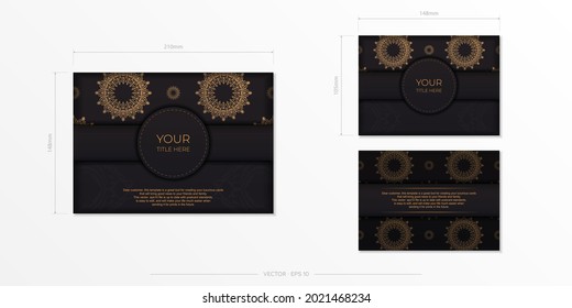 Luxurious Vector Black Color Postcard Template with Vintage Patterns.