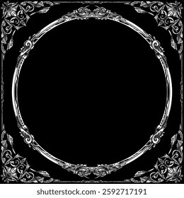 A luxurious vector frame with intricate baroque-style floral details on a black background. Features a circular inner border, perfect for vintage designs, invitations, and elegant decorations.