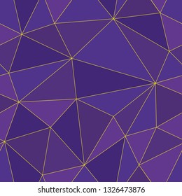 Luxurious vector gold and purple seamless pattern with abstract polygon triangles. Geometric background. Perfect for wellbeing, yoga, beauty products, decor, gift wrap, stationery, packaging