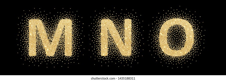 Luxurious vector golden alphabet with glitter texture on black background. Letter M, N, O