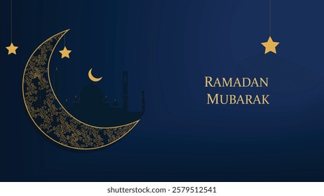 A luxurious vector illustration celebrating the holy month of Ramadan, featuring a beautifully designed golden crescent moon adorned with intricate Islamic patterns. 